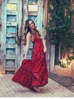 Free People Intimately Red Smock Combo Boho Garden Party Tiered Maxi Dress Sz L